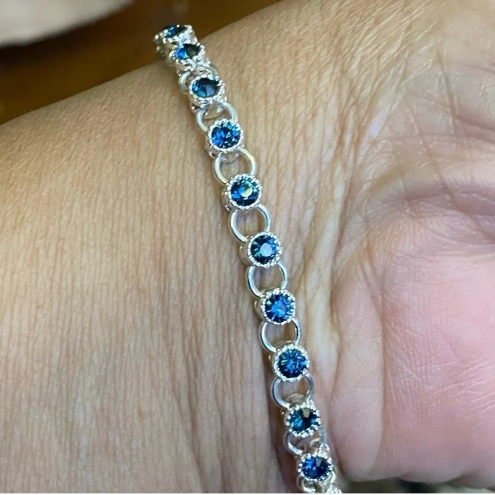 Sterling Silver Blue Sapphire Station Bracelet - Blue